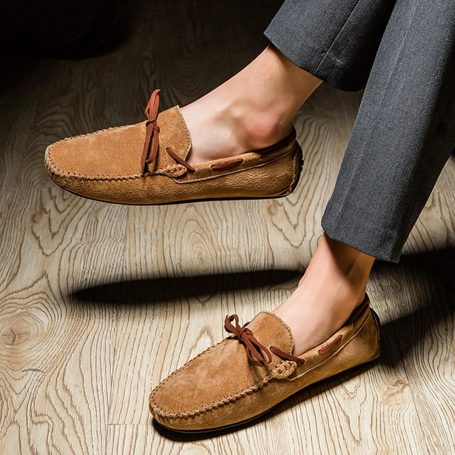 Men's Genuine Leather Moccasins Penny Loafers Casual Lace Up Slip On Gommino Flat Driving Shoes Comfort Dress Boat Shoes