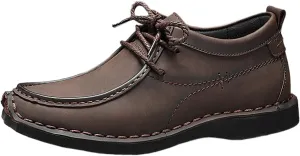Men's Leather Platform Hand Stitched Lace-up Loafers Comfortable Round Toe Soft Non-Slip Driving Work Casual Walking Oxford Shoes
