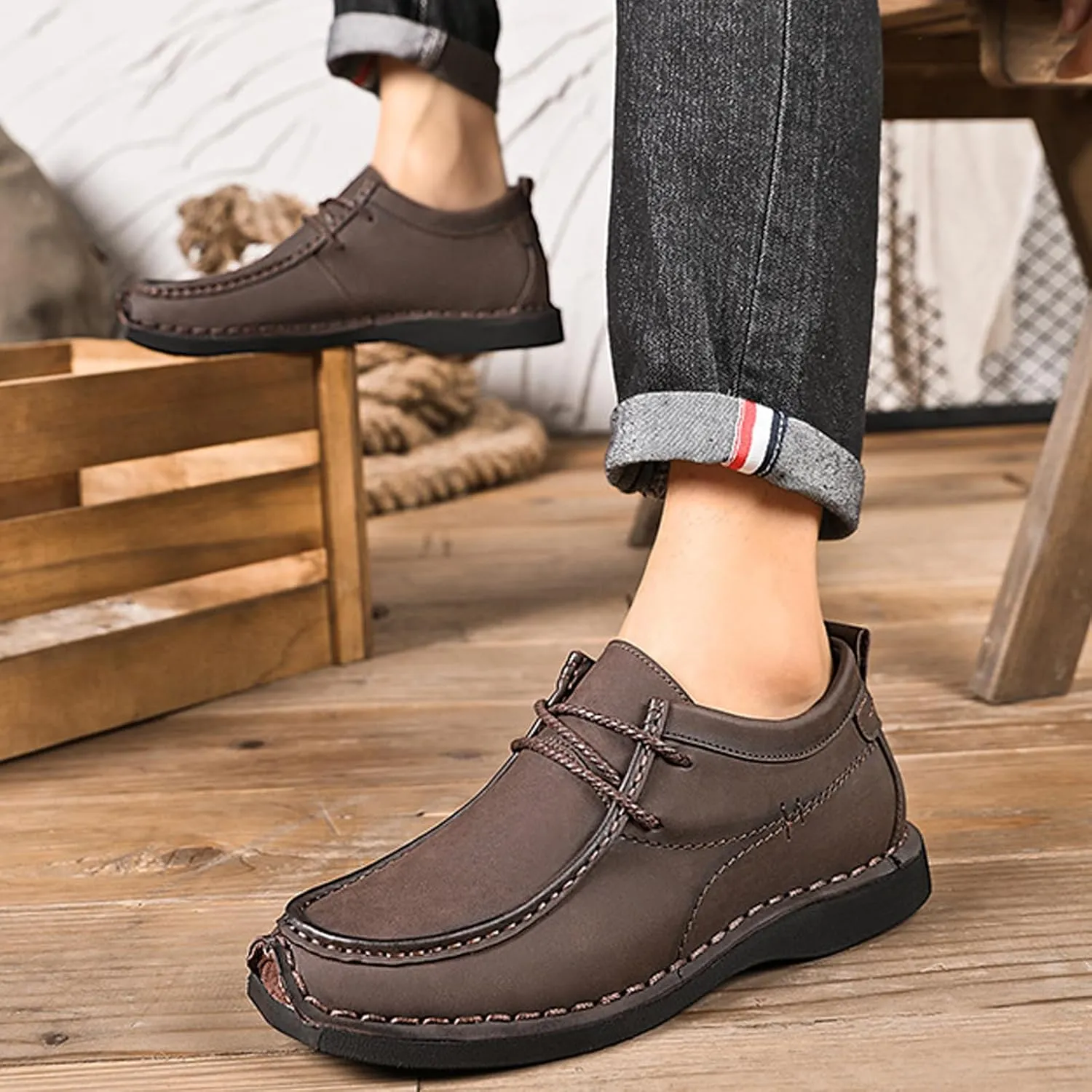 Men's Leather Platform Hand Stitched Lace-up Loafers Comfortable Round Toe Soft Non-Slip Driving Work Casual Walking Oxford Shoes
