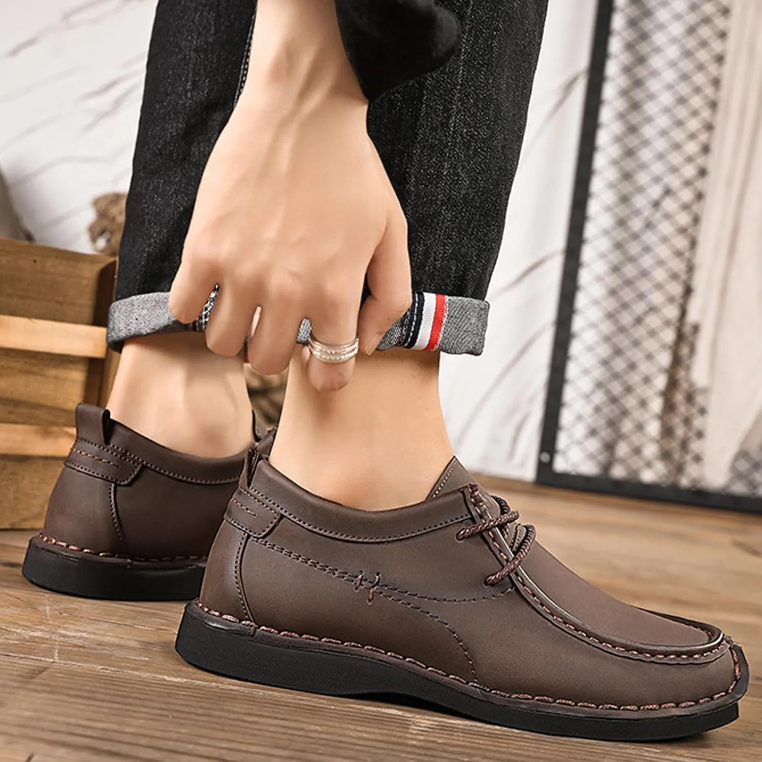 Men's Leather Platform Hand Stitched Lace-up Loafers Comfortable Round Toe Soft Non-Slip Driving Work Casual Walking Oxford Shoes