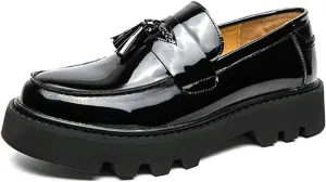 Mens Leather Slip-On Chunky Tassel Loafer Shoes Fashion Comfortable Round Toe Low Top Outdoor Walking Lug Sole Non-Slip Penny Loafers Business Dress Shoes for Men