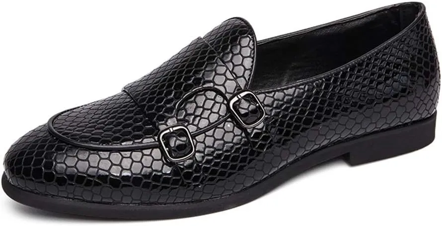 Men's Round Toe Slip-on Loafers for Men Casual Moccasins Shoes Snakeskin Emboss Monk Strap Lightweight Rubber Sole