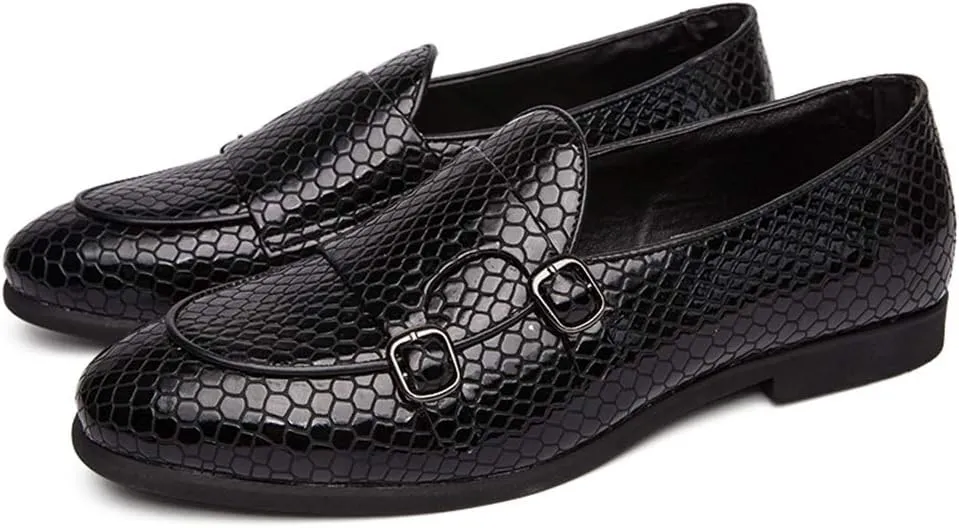 Men's Round Toe Slip-on Loafers for Men Casual Moccasins Shoes Snakeskin Emboss Monk Strap Lightweight Rubber Sole