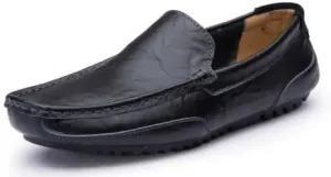 Men's Slip-on Leather Loafers, Casual Driving Moccasins, Round Toe Comfort Shoes, Black