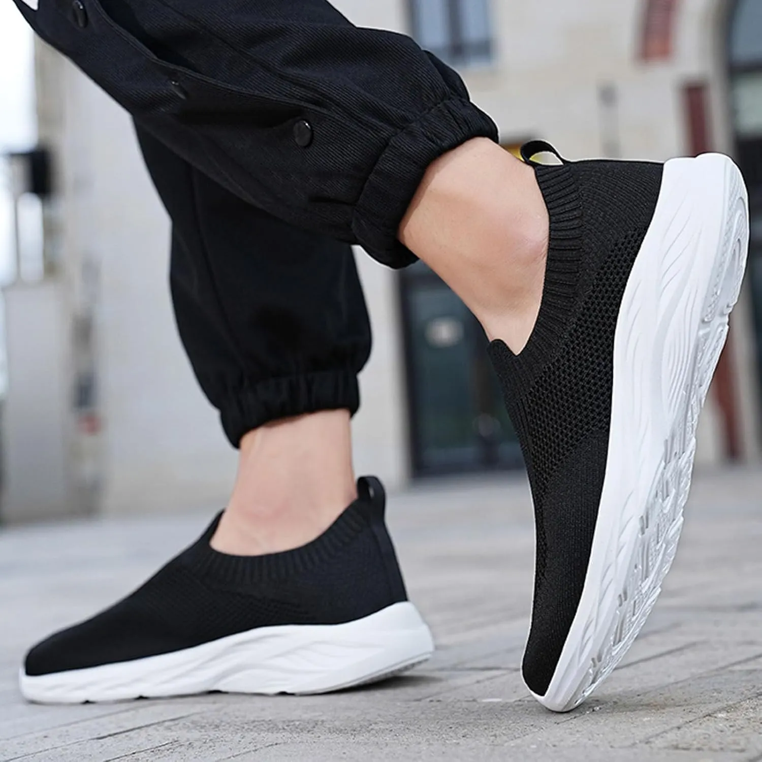 Men's Slip On Sock Shoes Breathable Elastic Knit Sneakers Lightweight Cushion Walking Shoes Non Slip Elderly Shoe