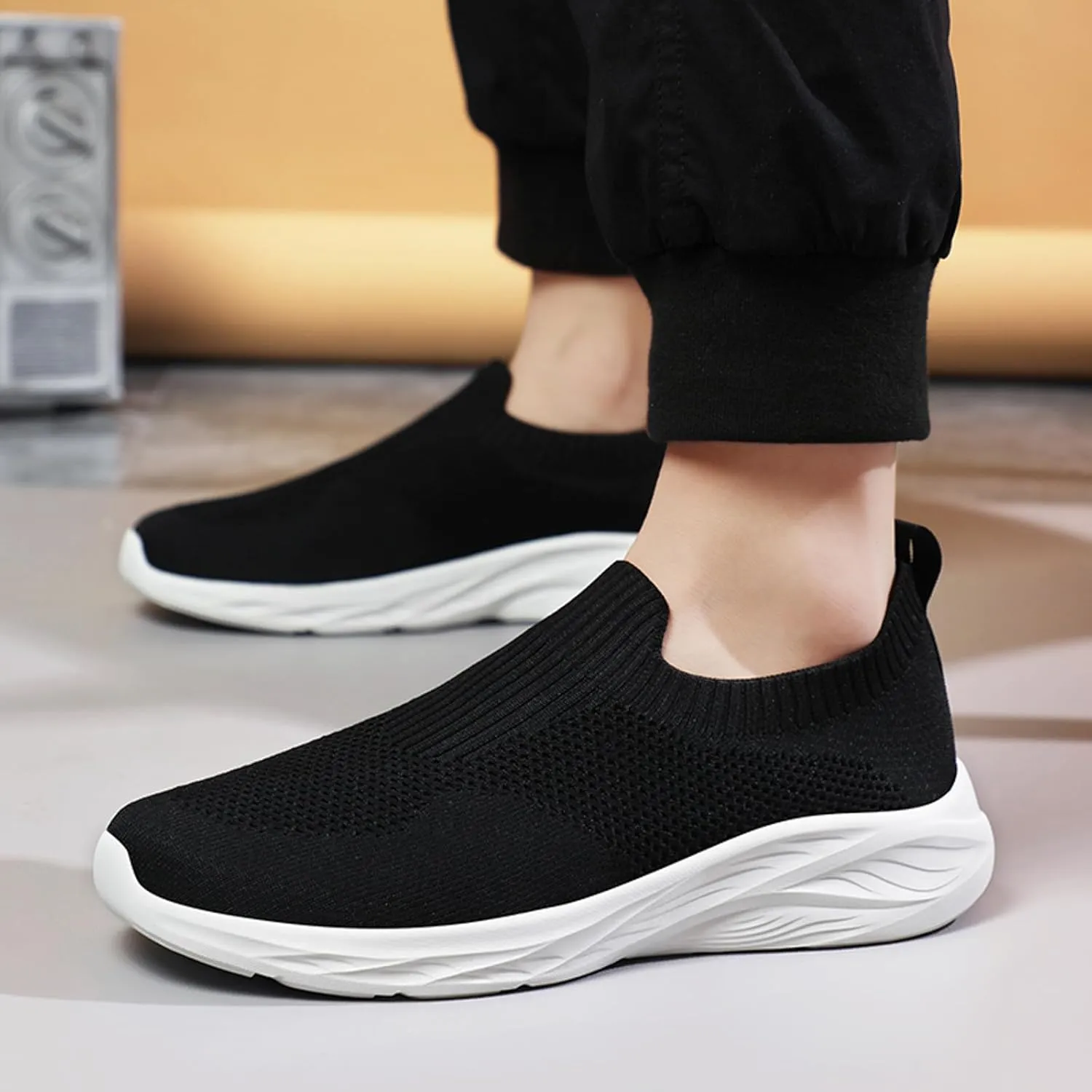 Men's Slip On Sock Shoes Breathable Elastic Knit Sneakers Lightweight Cushion Walking Shoes Non Slip Elderly Shoe