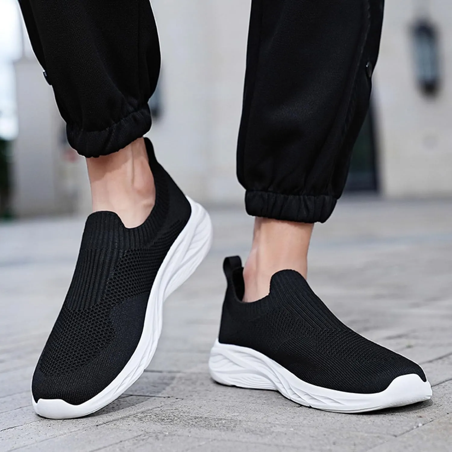 Men's Slip On Sock Shoes Breathable Elastic Knit Sneakers Lightweight Cushion Walking Shoes Non Slip Elderly Shoe