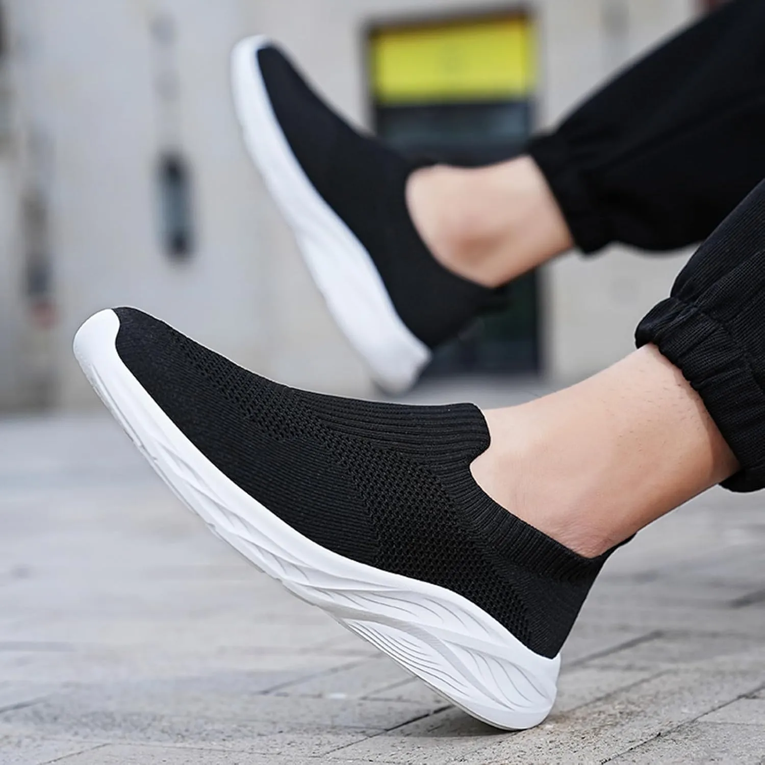 Men's Slip On Sock Shoes Breathable Elastic Knit Sneakers Lightweight Cushion Walking Shoes Non Slip Elderly Shoe