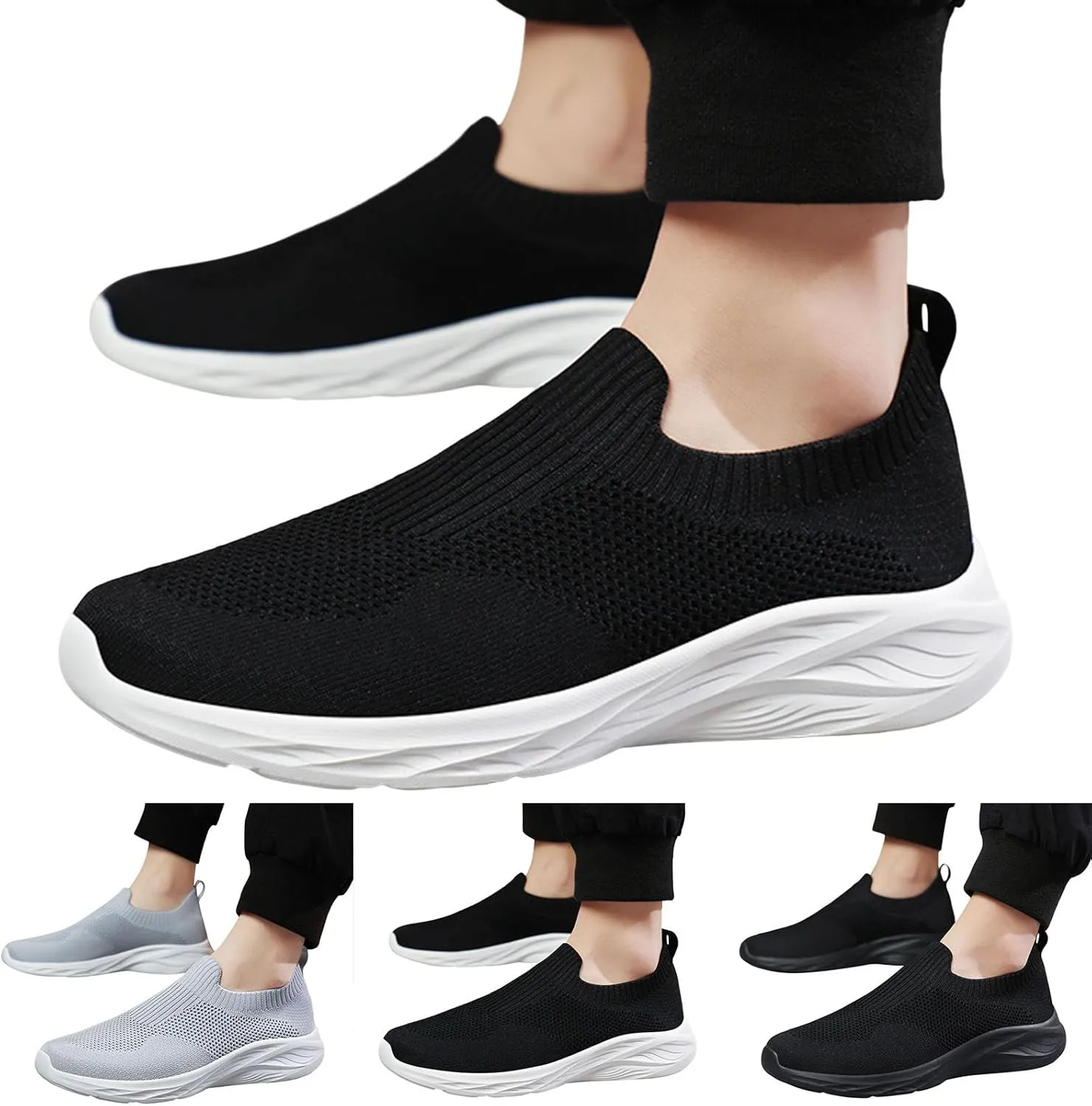 Men's Slip On Sock Shoes Breathable Elastic Knit Sneakers Lightweight Cushion Walking Shoes Non Slip Elderly Shoe