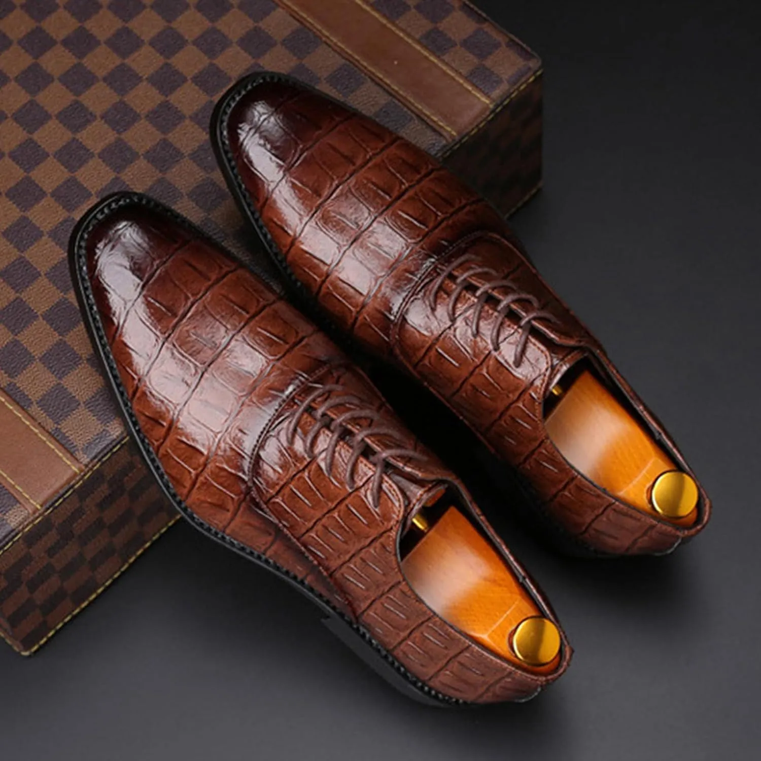 Men'S Stone Pattern Leather Dress Oxford Shoes,Fashion Comfortable Pointed Toe Lace Up Low Top Suit Shoes,for Classic Business Formal Derby Shoes