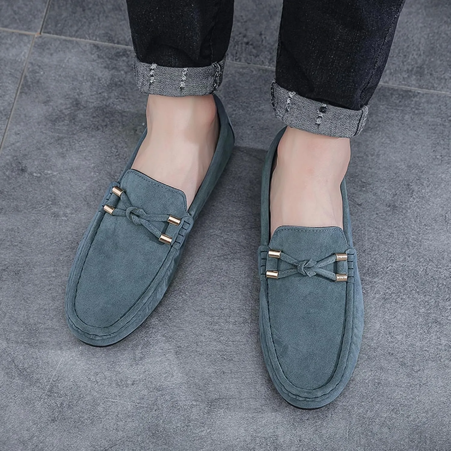 Men's Suede Leather Moccasins Penny Loafers Casual Round Toe Slip On Gommino Flat Driving Shoes Lightweight Comfort Dress Boat Shoes
