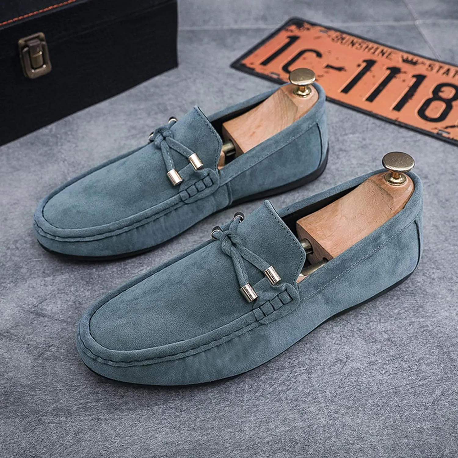 Men's Suede Leather Moccasins Penny Loafers Casual Round Toe Slip On Gommino Flat Driving Shoes Lightweight Comfort Dress Boat Shoes