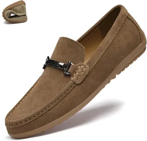 Men's Suede Metal Buckle Flat Penny Loafers Fashion Round Toe Slip-On Softsole Dress Moccasin Driving Shoes Comfort Office Work Boat Shoes