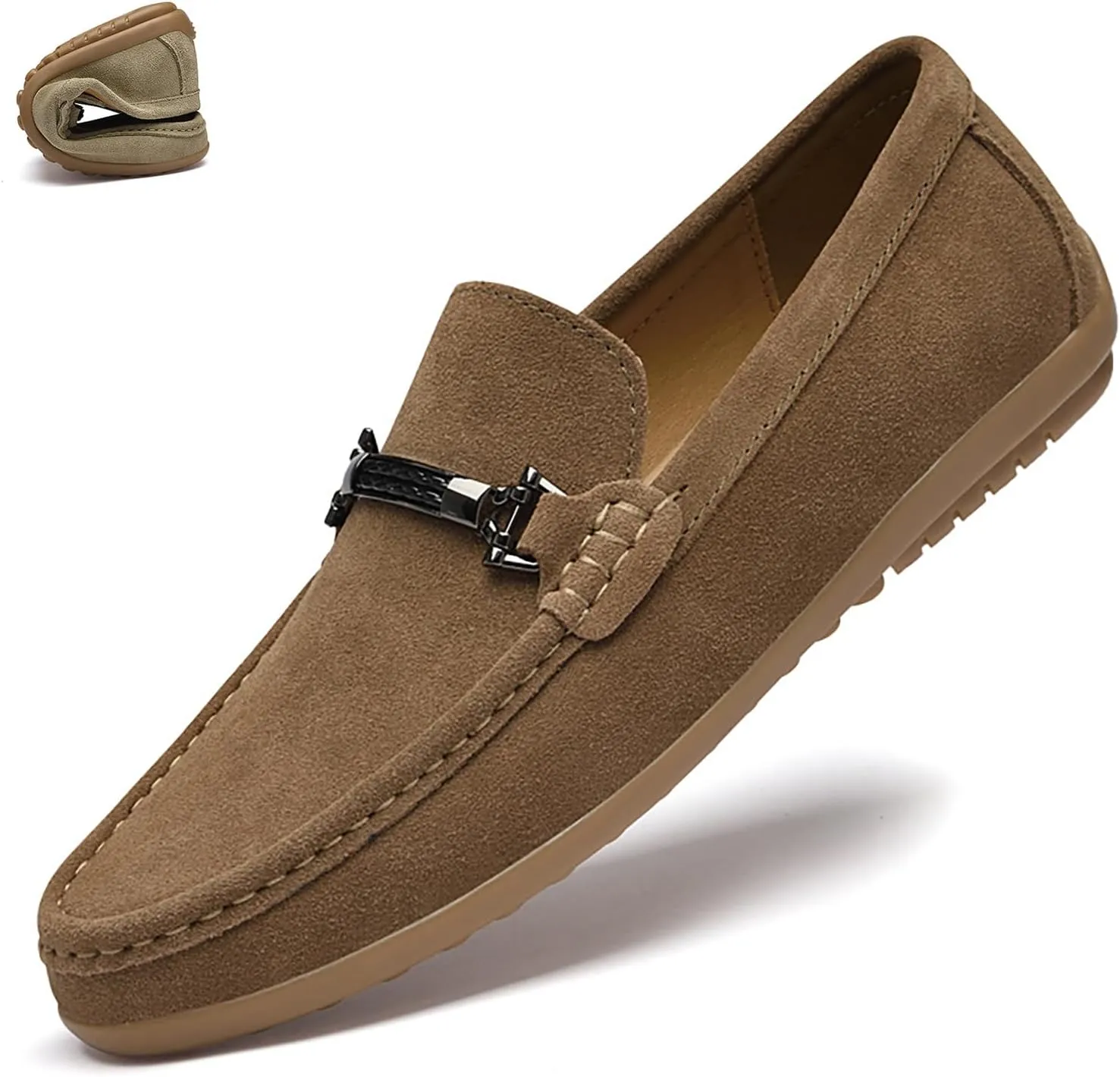 Men's Suede Metal Buckle Flat Penny Loafers Fashion Round Toe Slip-On Softsole Dress Moccasin Driving Shoes Comfort Office Work Boat Shoes
