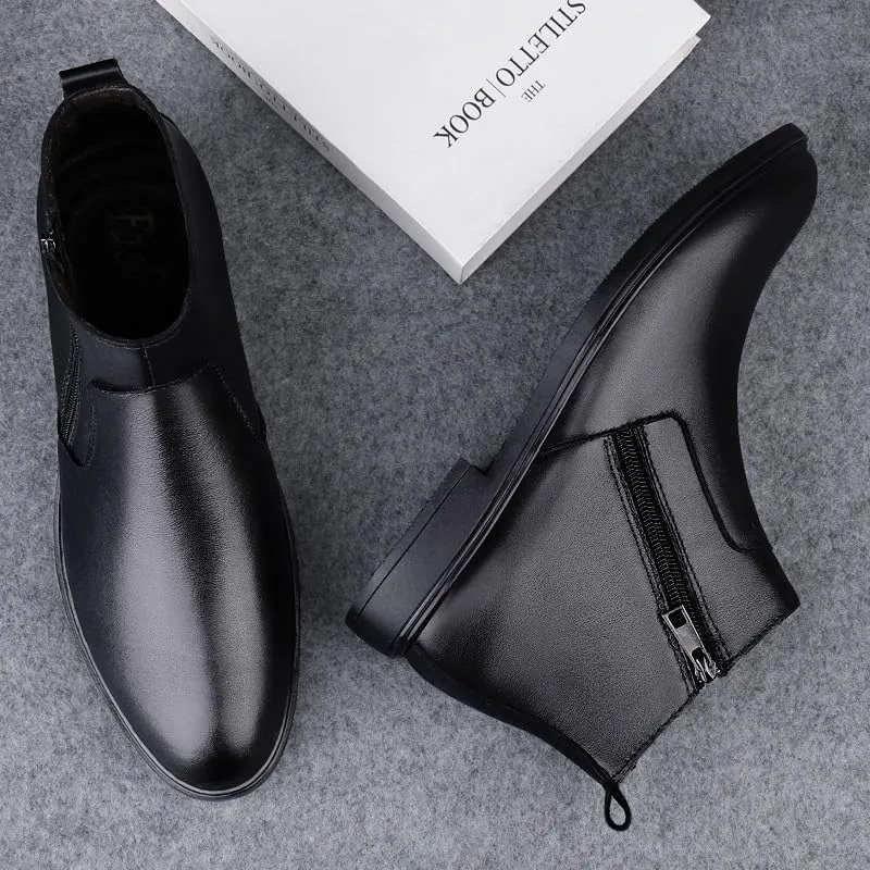 New Ankle Boots For Men Anti-slip Slip Resistant Wearable Round Toe Slip On Double Side Zip PU Leather Fashion Dress