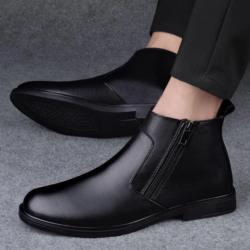 New Ankle Boots For Men Anti-slip Slip Resistant Wearable Round Toe Slip On Double Side Zip PU Leather Fashion Dress