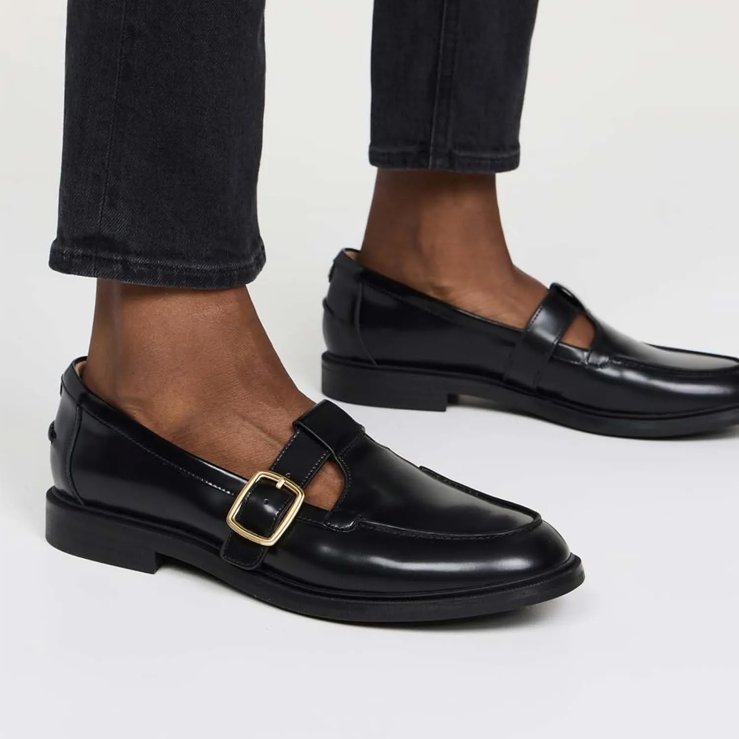 Penny Loafers for Women T-Strap Buckle Loafers Round Toe Slip on Mary Jane Flats Dressy Comfortable Casual Chunky Low Heel Shoes