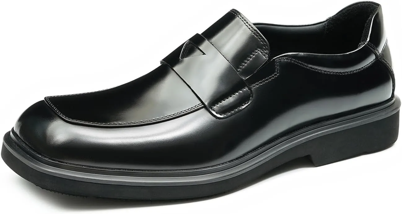 Santimon Mens Loafers Formal Dress Slip On Genuine Leather Penny Loafers Fashion Prom Wedding Business Casual Shoes Comfortable Wide Square Toe Mocasines