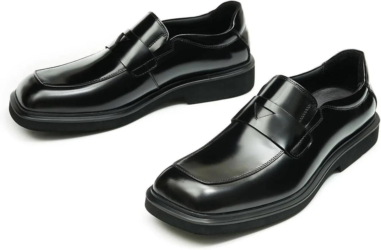 Santimon Mens Loafers Formal Dress Slip On Genuine Leather Penny Loafers Fashion Prom Wedding Business Casual Shoes Comfortable Wide Square Toe Mocasines