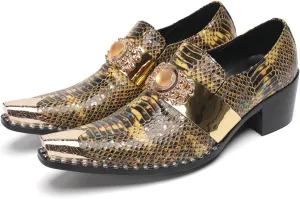 Santimon Men's Slip On Gold Dress Shoes Snakeskin Leather Loafers – Metal Pointed Toe, Chunky Heel, Comfortable Fashion Casual Shoes for Party,Ballroom,Bar Wear