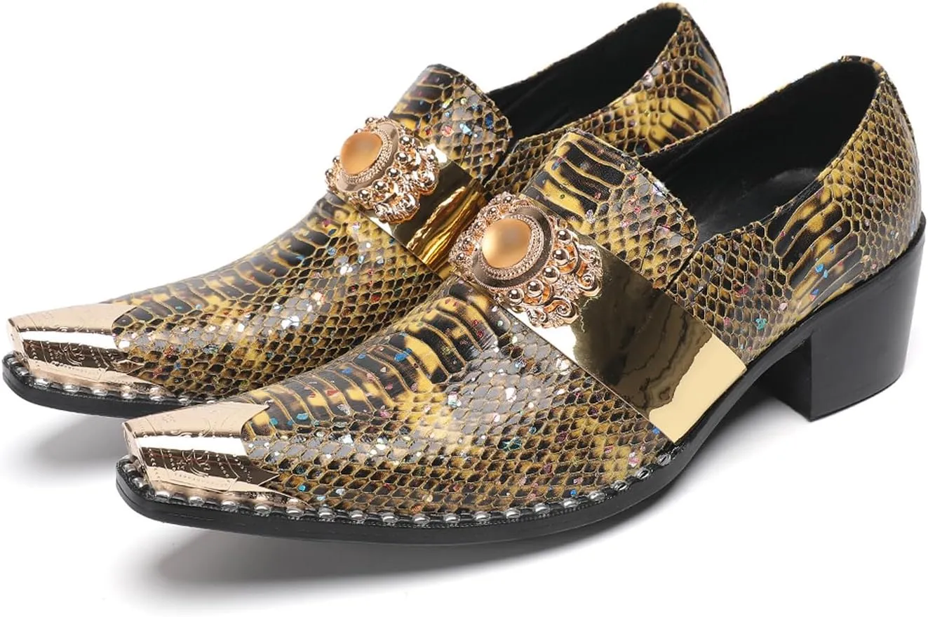 Santimon Men's Slip On Gold Dress Shoes Snakeskin Leather Loafers – Metal Pointed Toe, Chunky Heel, Comfortable Fashion Casual Shoes for Party,Ballroom,Bar Wear