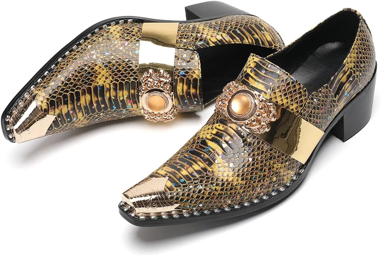 Santimon Men's Slip On Gold Dress Shoes Snakeskin Leather Loafers – Metal Pointed Toe, Chunky Heel, Comfortable Fashion Casual Shoes for Party,Ballroom,Bar Wear
