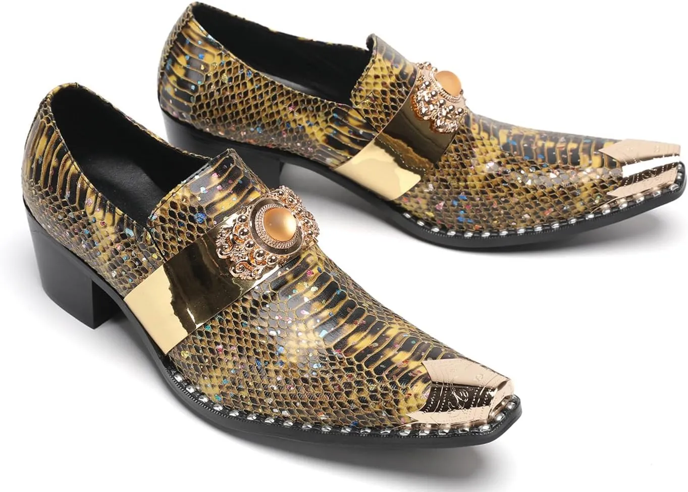 Santimon Men's Slip On Gold Dress Shoes Snakeskin Leather Loafers – Metal Pointed Toe, Chunky Heel, Comfortable Fashion Casual Shoes for Party,Ballroom,Bar Wear