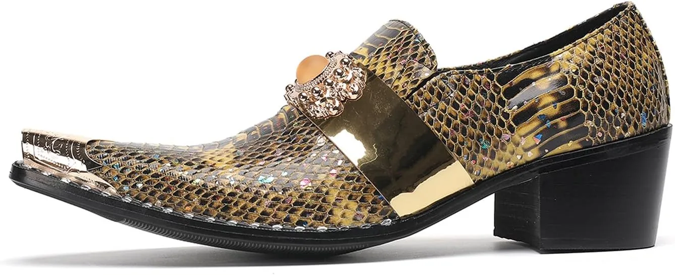 Santimon Men's Slip On Gold Dress Shoes Snakeskin Leather Loafers – Metal Pointed Toe, Chunky Heel, Comfortable Fashion Casual Shoes for Party,Ballroom,Bar Wear
