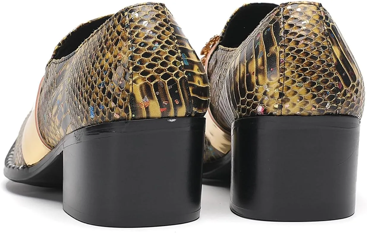 Santimon Men's Slip On Gold Dress Shoes Snakeskin Leather Loafers – Metal Pointed Toe, Chunky Heel, Comfortable Fashion Casual Shoes for Party,Ballroom,Bar Wear