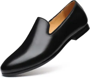 Santimon Men's Solid Black Genuine Leather Loafers, Slip-On Dress Casual Shoes for Men