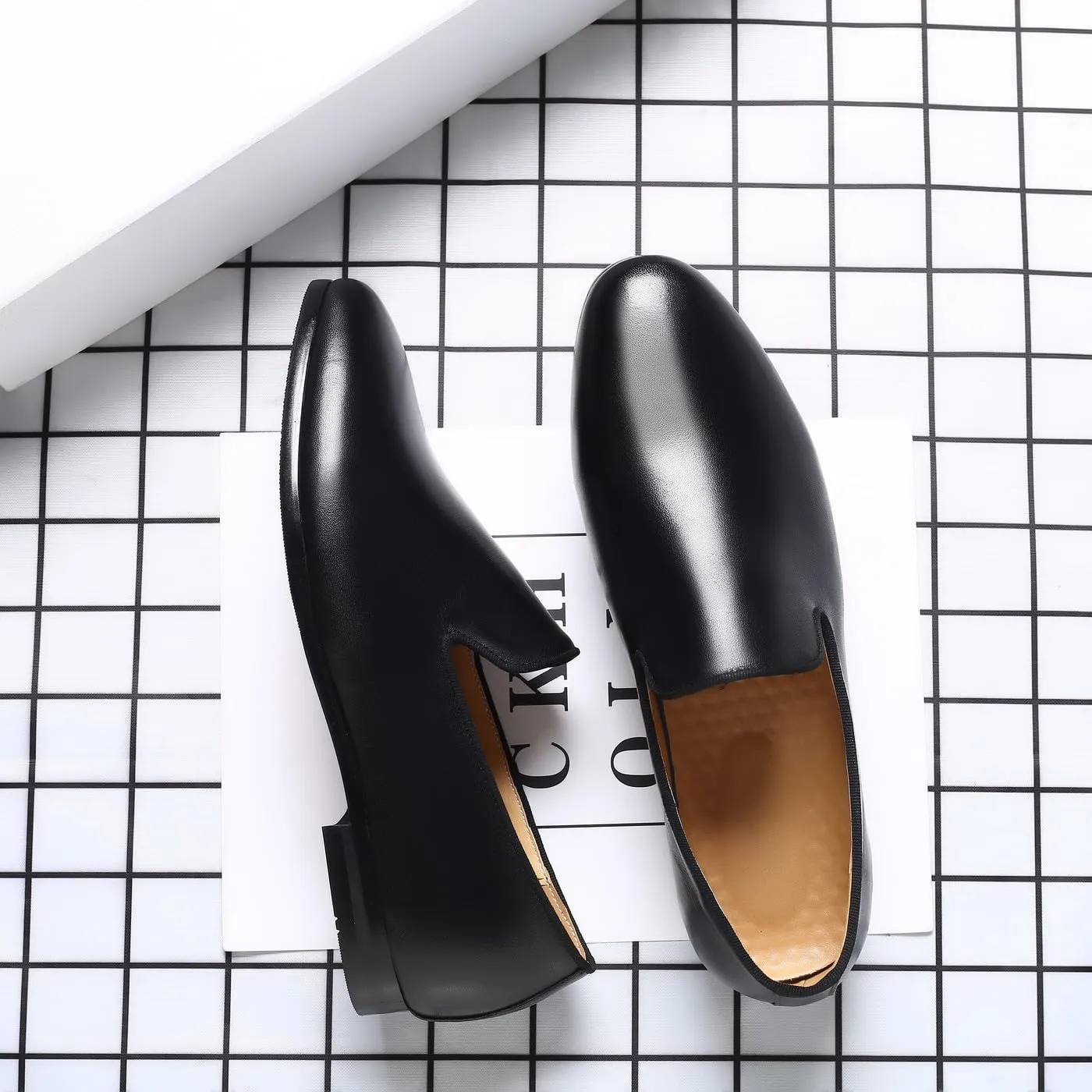 Santimon Men's Solid Black Genuine Leather Loafers, Slip-On Dress Casual Shoes for Men