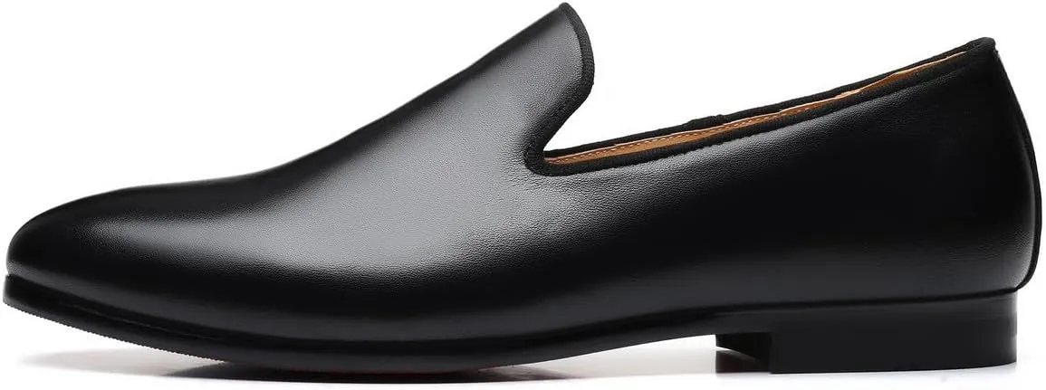 Santimon Men's Solid Black Genuine Leather Loafers, Slip-On Dress Casual Shoes for Men