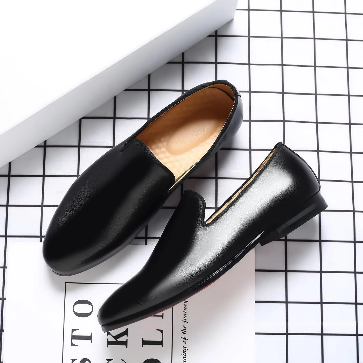 Santimon Men's Solid Black Genuine Leather Loafers, Slip-On Dress Casual Shoes for Men