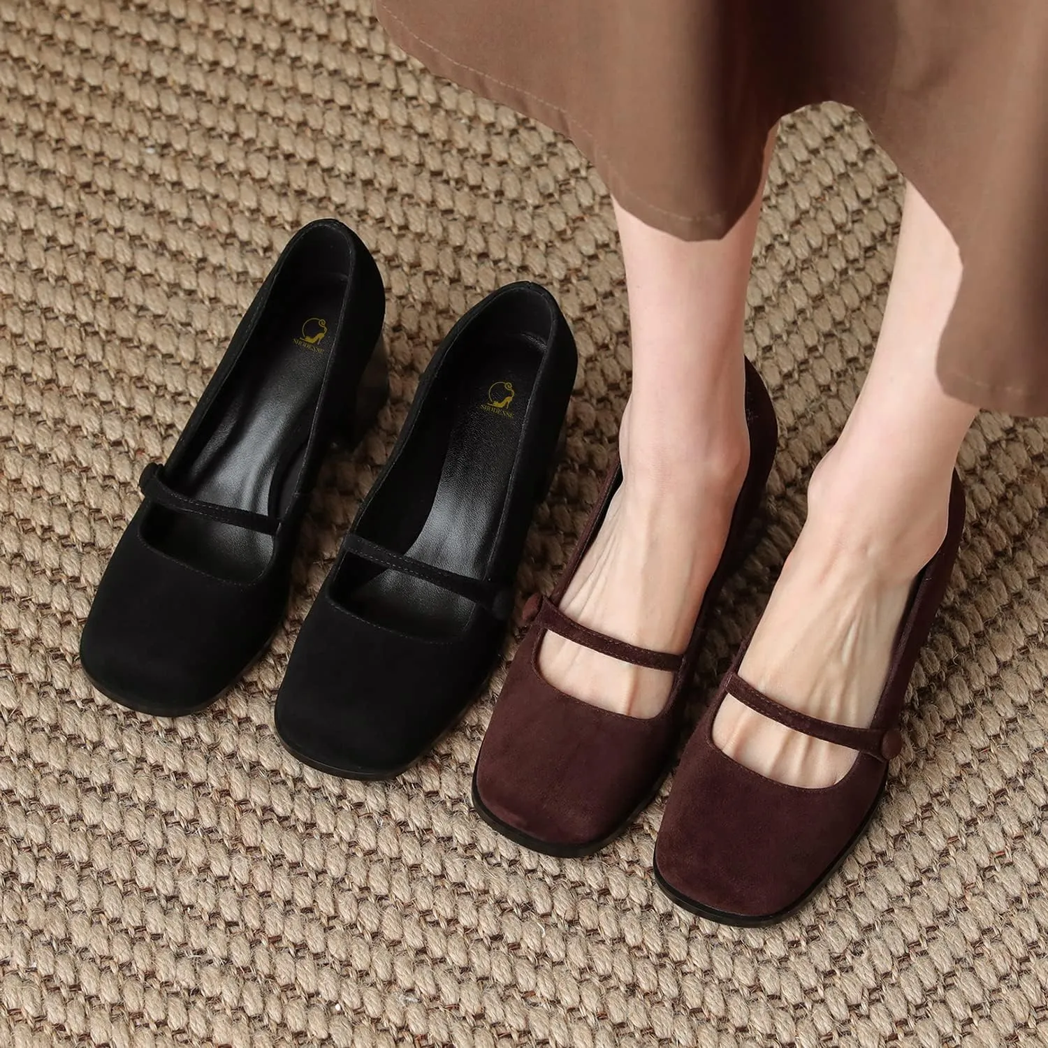 SHODENSE Women High Chunky Heel Pumps Slip On Closed Square Toe Suede Loafers Ankle Strap 2.5 Inch Thick Block Heels Dress Shoes Office Ladies Work Mary Jane Pumps Vintage Wedding Party 4-11 M US