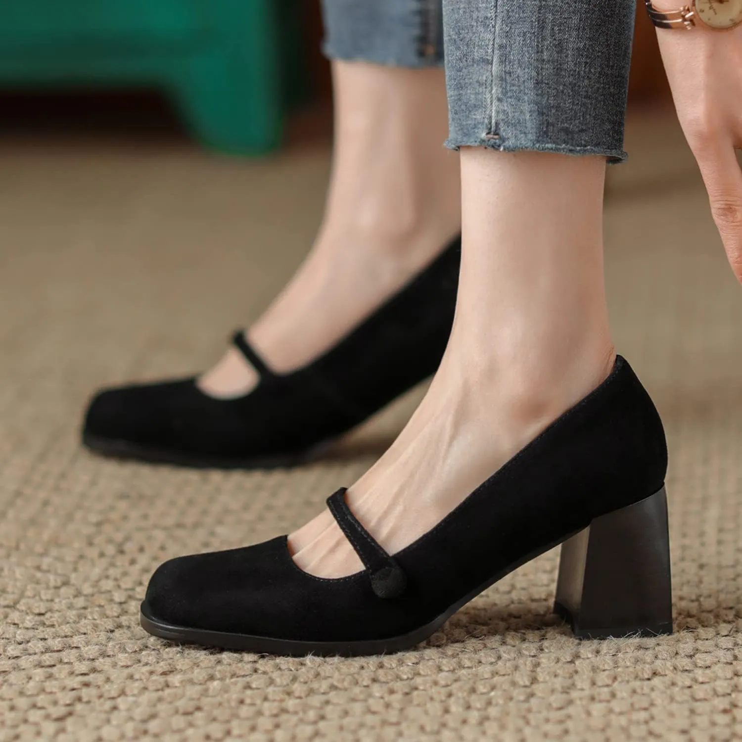 SHODENSE Women High Chunky Heel Pumps Slip On Closed Square Toe Suede Loafers Ankle Strap 2.5 Inch Thick Block Heels Dress Shoes Office Ladies Work Mary Jane Pumps Vintage Wedding Party 4-11 M US