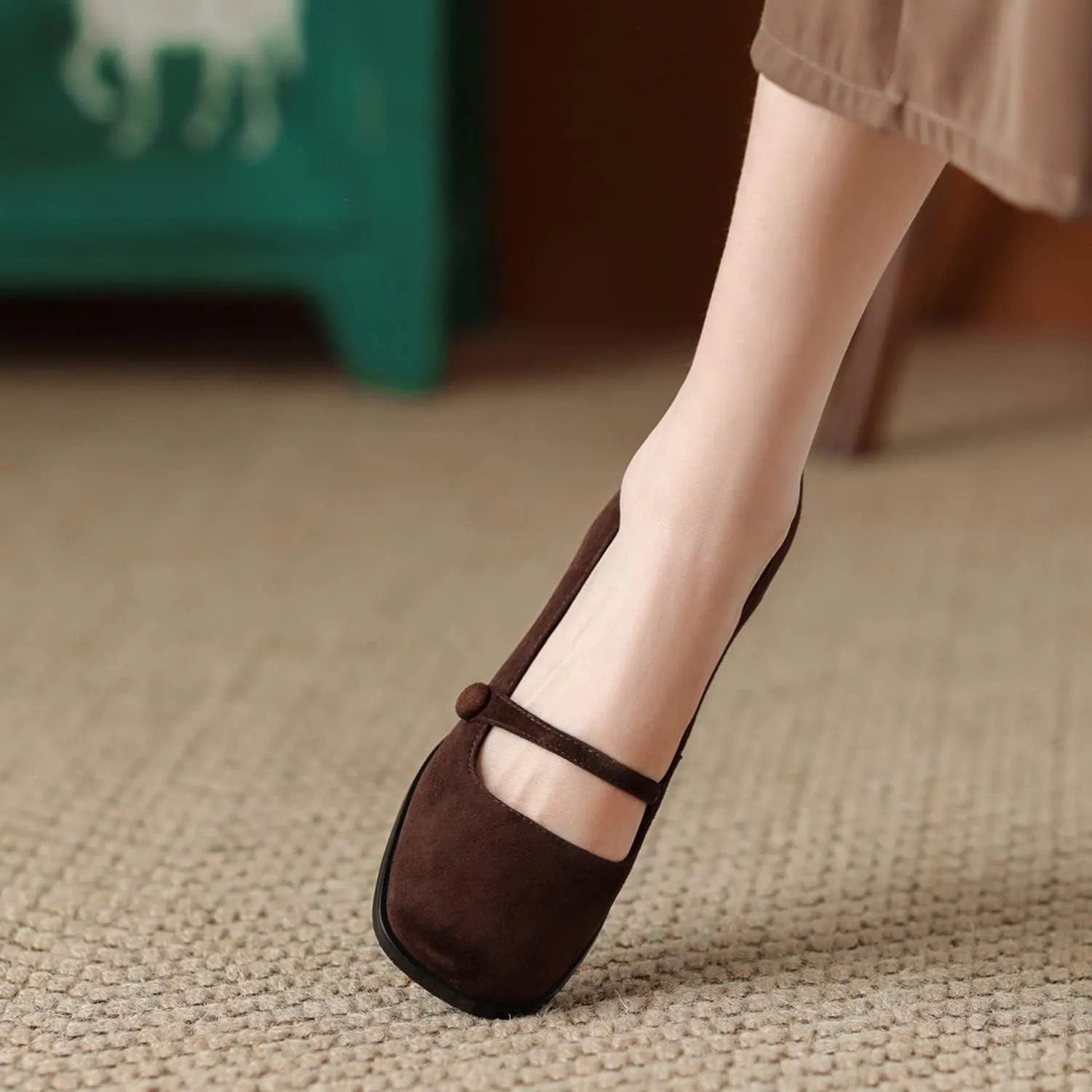 SHODENSE Women High Chunky Heel Pumps Slip On Closed Square Toe Suede Loafers Ankle Strap 2.5 Inch Thick Block Heels Dress Shoes Office Ladies Work Mary Jane Pumps Vintage Wedding Party 4-11 M US