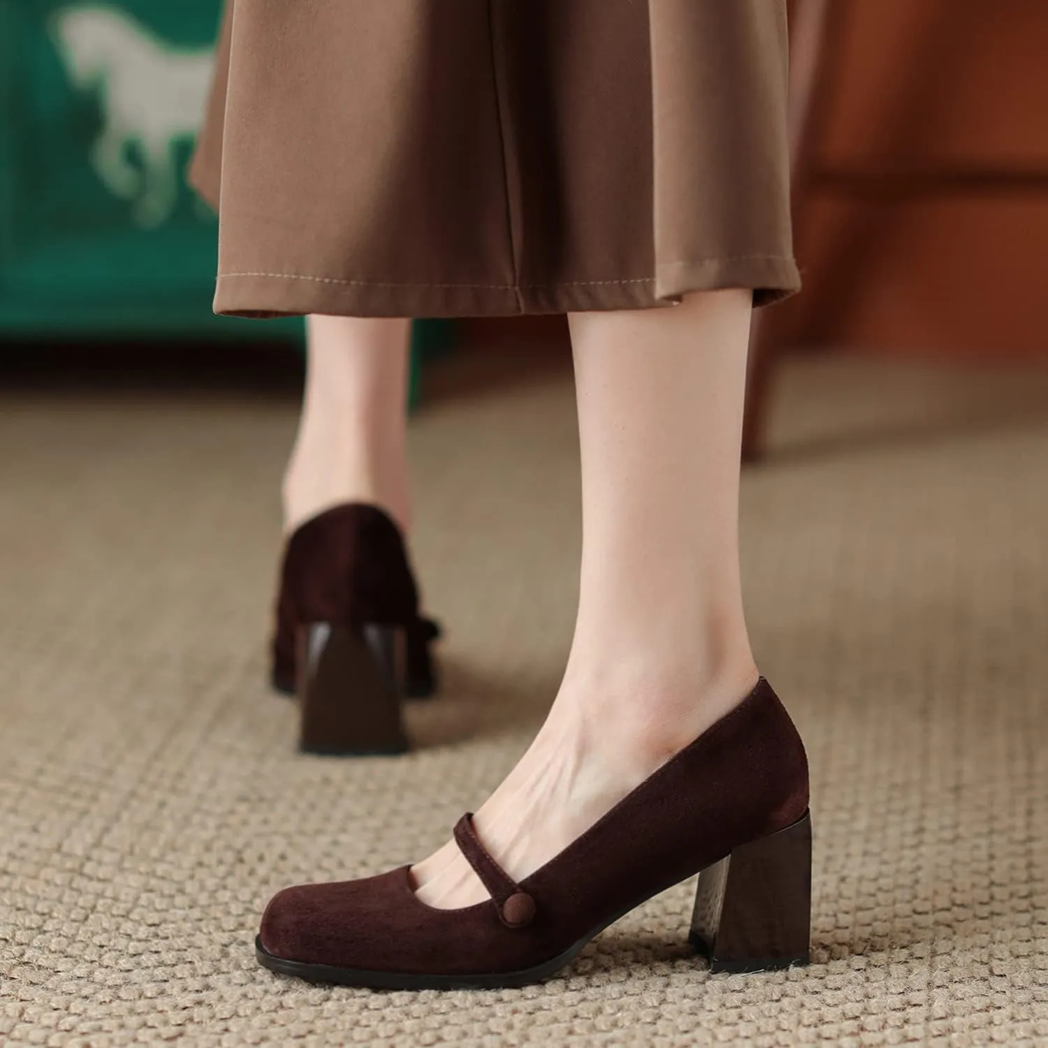 SHODENSE Women High Chunky Heel Pumps Slip On Closed Square Toe Suede Loafers Ankle Strap 2.5 Inch Thick Block Heels Dress Shoes Office Ladies Work Mary Jane Pumps Vintage Wedding Party 4-11 M US