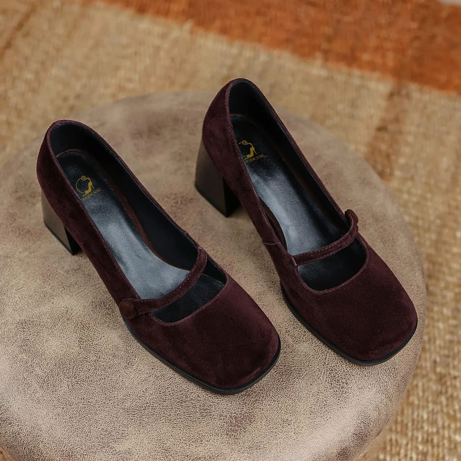 SHODENSE Women High Chunky Heel Pumps Slip On Closed Square Toe Suede Loafers Ankle Strap 2.5 Inch Thick Block Heels Dress Shoes Office Ladies Work Mary Jane Pumps Vintage Wedding Party 4-11 M US