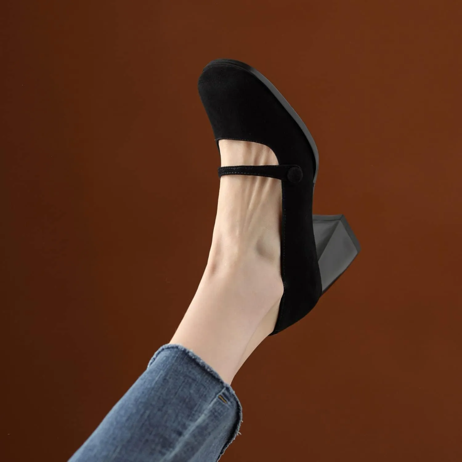 SHODENSE Women High Chunky Heel Pumps Slip On Closed Square Toe Suede Loafers Ankle Strap 2.5 Inch Thick Block Heels Dress Shoes Office Ladies Work Mary Jane Pumps Vintage Wedding Party 4-11 M US