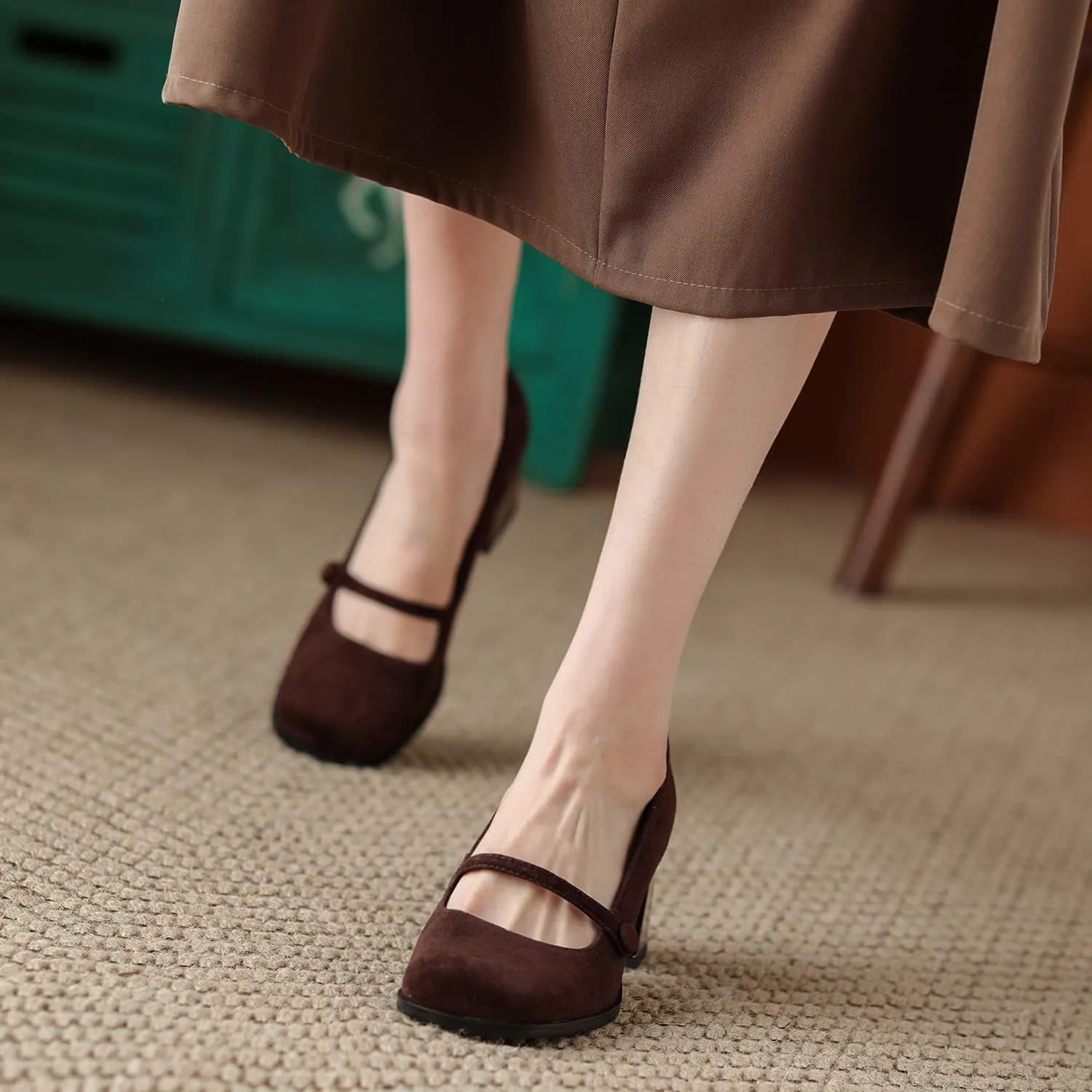SHODENSE Women High Chunky Heel Pumps Slip On Closed Square Toe Suede Loafers Ankle Strap 2.5 Inch Thick Block Heels Dress Shoes Office Ladies Work Mary Jane Pumps Vintage Wedding Party 4-11 M US