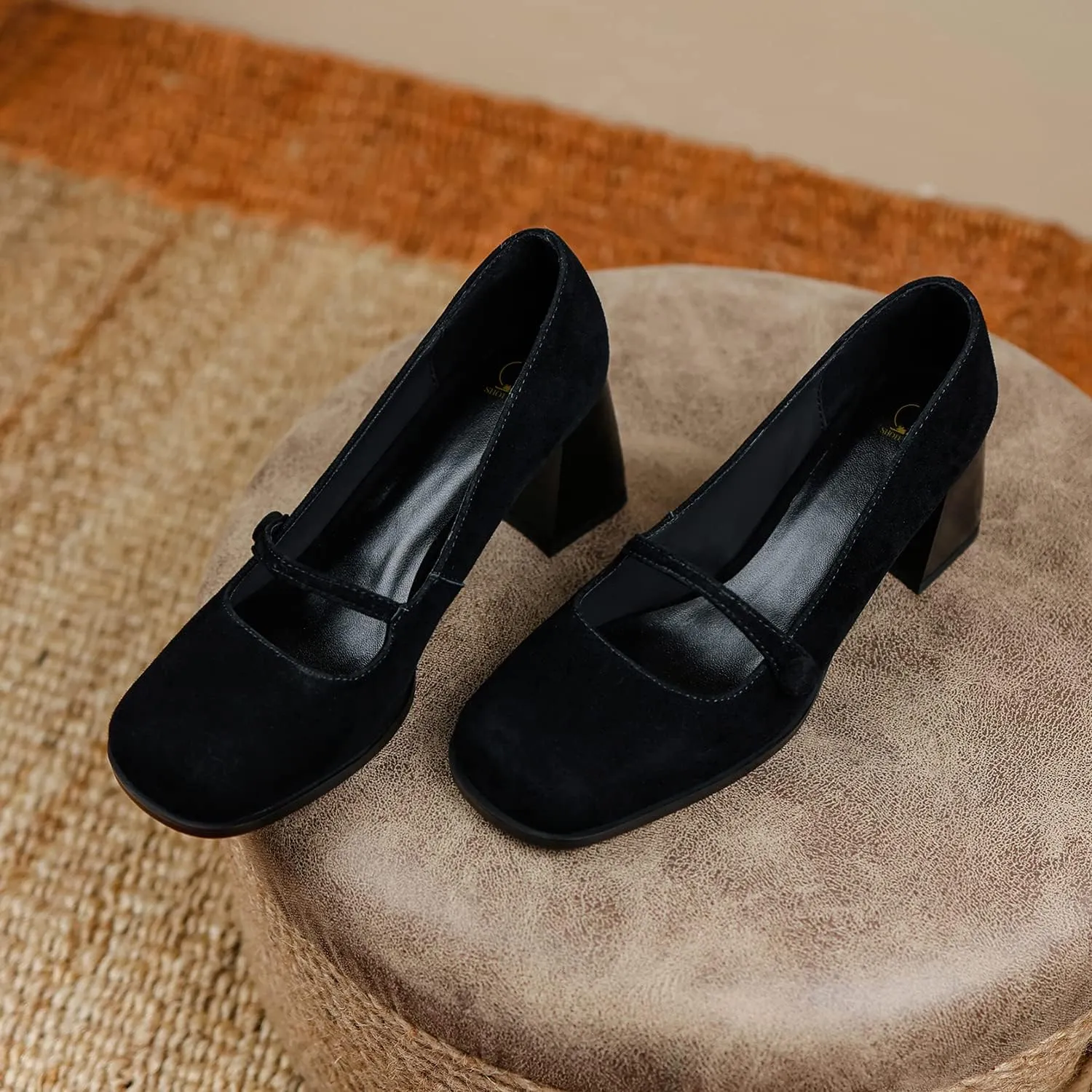 SHODENSE Women High Chunky Heel Pumps Slip On Closed Square Toe Suede Loafers Ankle Strap 2.5 Inch Thick Block Heels Dress Shoes Office Ladies Work Mary Jane Pumps Vintage Wedding Party 4-11 M US