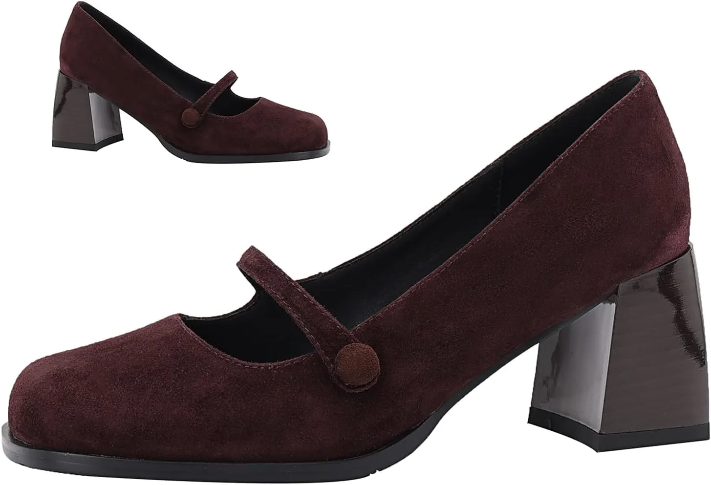 SHODENSE Women High Chunky Heel Pumps Slip On Closed Square Toe Suede Loafers Ankle Strap 2.5 Inch Thick Block Heels Dress Shoes Office Ladies Work Mary Jane Pumps Vintage Wedding Party 4-11 M US