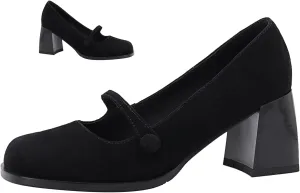 SHODENSE Women High Chunky Heel Pumps Slip On Closed Square Toe Suede Loafers Ankle Strap 2.5 Inch Thick Block Heels Dress Shoes Office Ladies Work Mary Jane Pumps Vintage Wedding Party 4-11 M US