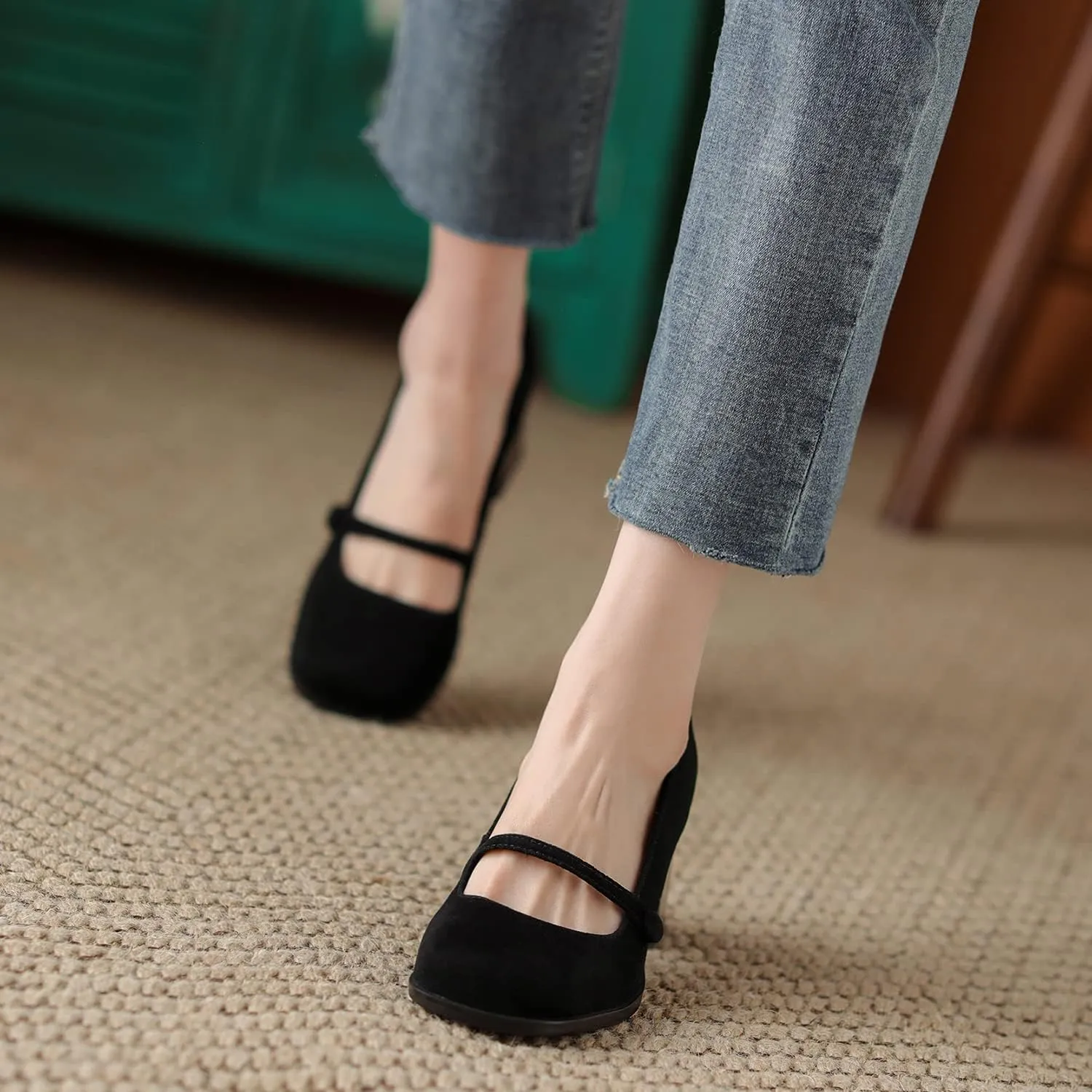 SHODENSE Women High Chunky Heel Pumps Slip On Closed Square Toe Suede Loafers Ankle Strap 2.5 Inch Thick Block Heels Dress Shoes Office Ladies Work Mary Jane Pumps Vintage Wedding Party 4-11 M US