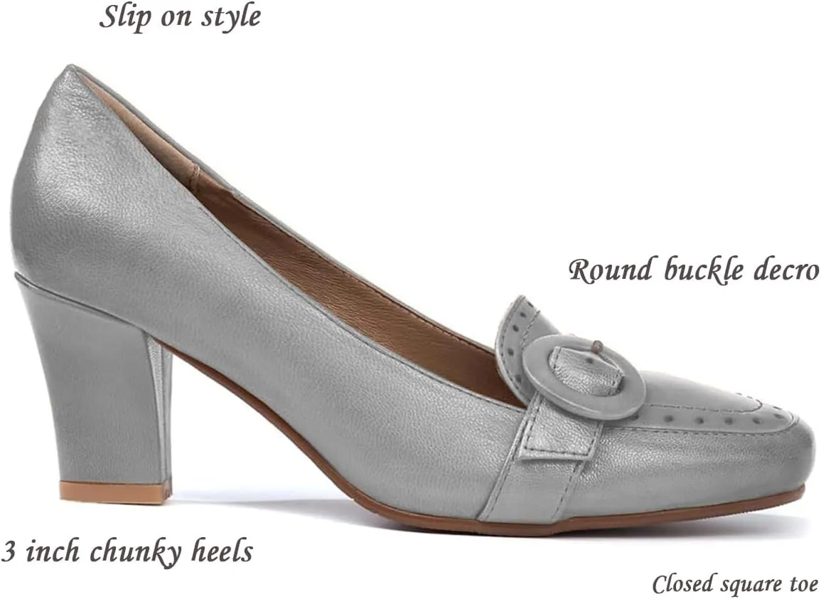 SHODENSE Women Vintage Chunky Block Heel Loafers Square Toe Loafer Pumps 3 inch Block Heeled Dress Shoes Perforated Penny Loafers Buckle Strap Comfortable Office Ladies 4-11 M US