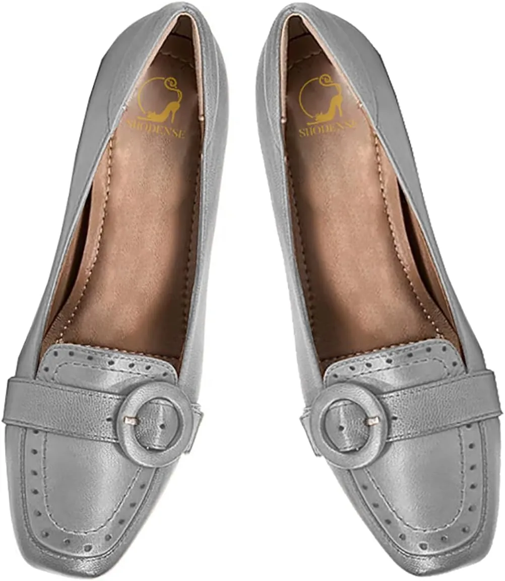 SHODENSE Women Vintage Chunky Block Heel Loafers Square Toe Loafer Pumps 3 inch Block Heeled Dress Shoes Perforated Penny Loafers Buckle Strap Comfortable Office Ladies 4-11 M US