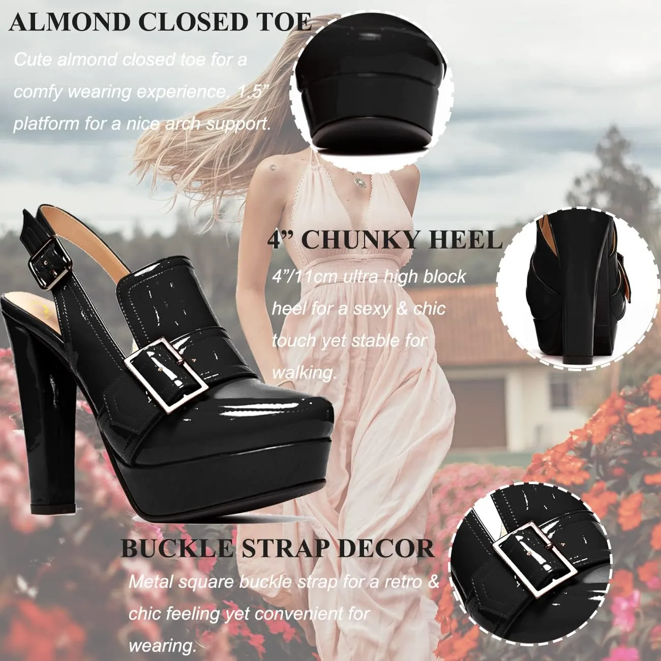SHODENSE Women Vintage Platform Chunky High Heels Pumps Shoes Round Closed Toe Platform Loafers Ankle Strap Block Heel Slingback Summer Sandals Backless Buckle Loafer Ladies Sexy Chic Party 4-11 M US