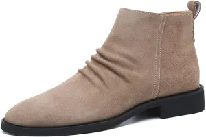Single Season Men's Round Toe Ankle Boots Pleated Side Zipper Leather Anti-Slip Wear Resistant Waterproof Fashion Very Popular Among Young People (Color : Beige Lined, Size : 9.5)