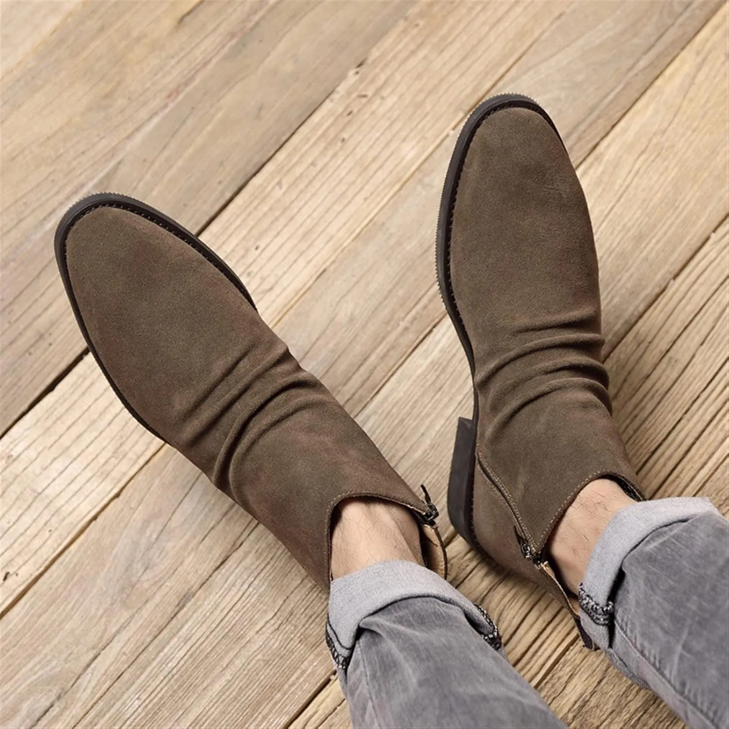 Single Season Men's Round Toe Ankle Boots Pleated Side Zipper Leather Anti-Slip Wear Resistant Waterproof Fashion Very Popular Among Young People (Color : Brown, Size : 6.5)