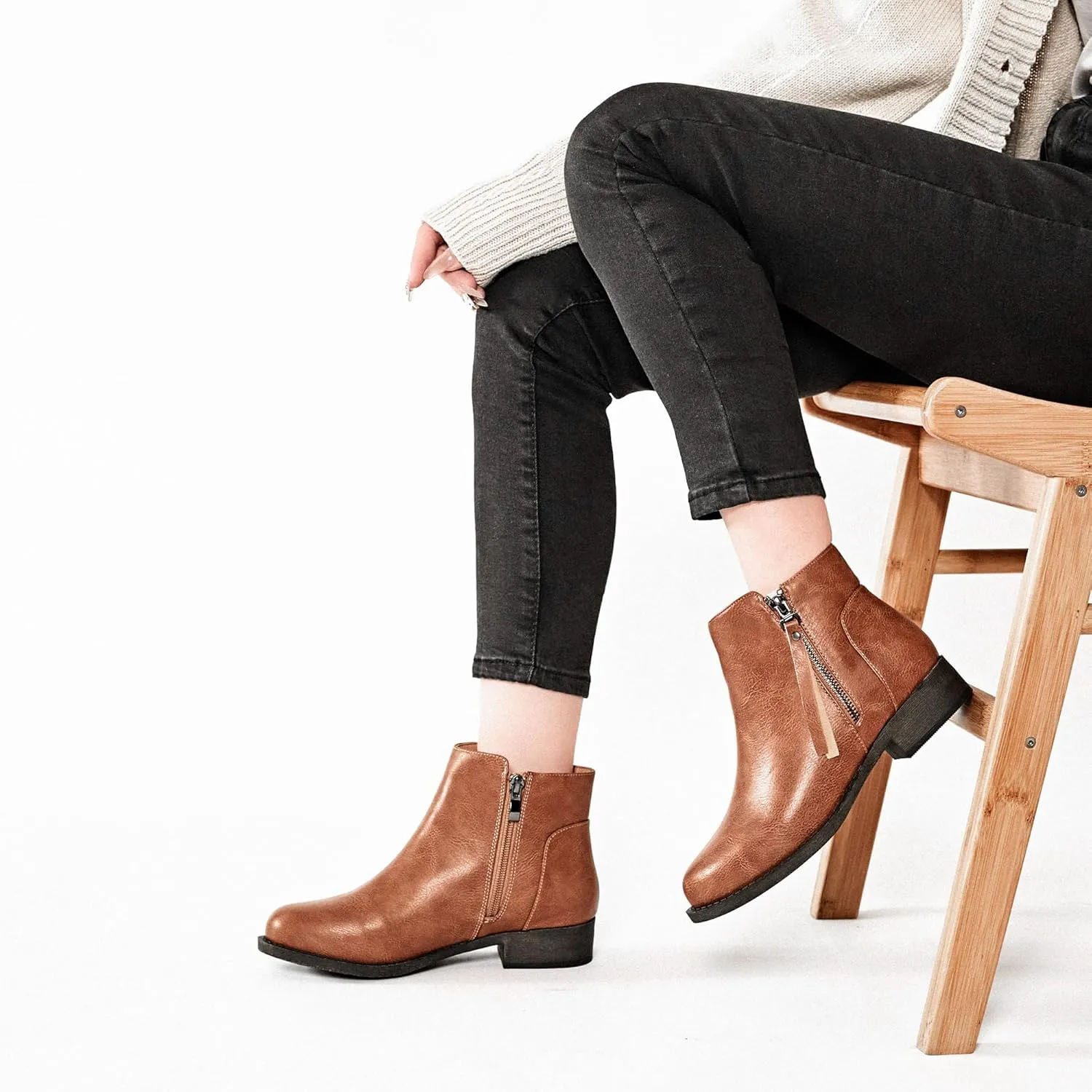 Veittes Women's Ankle Boots - Classic Side Zip, Comfortable Platform, Cover with Buckle Strap, Round Toe, Low Chunky Heel Comfort Slip On Fashion (Black/Dark Brown/Grey) Boots.
